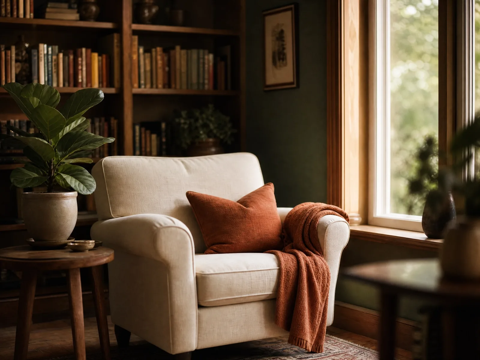 A cream armchair with a rust throw blanket beside a sunlit window and a wall of bookshelves.