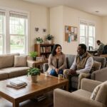 Residents talking in a supportive halfway house living environment