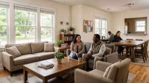 Residents talking in a supportive halfway house living environment