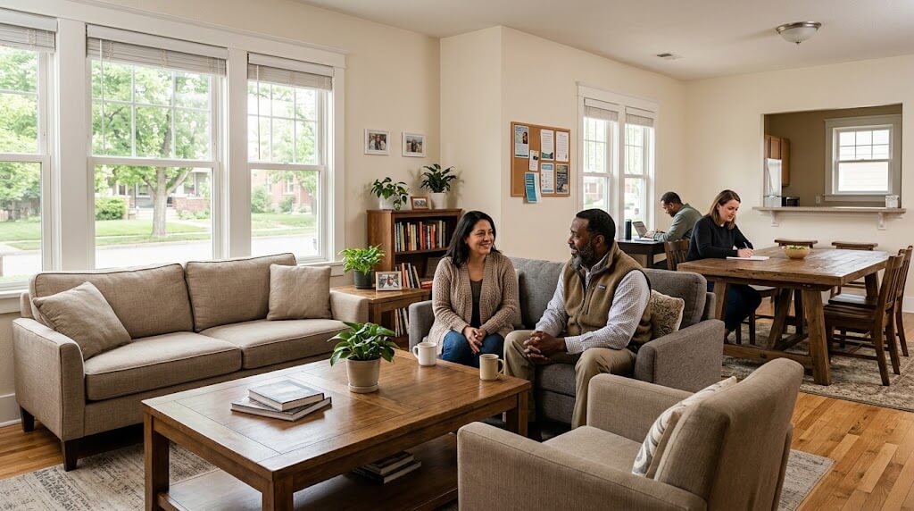 Residents talking in a supportive halfway house living environment