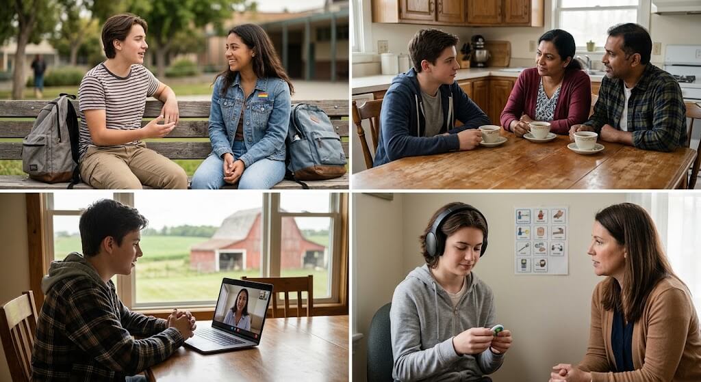 Teen receiving mental health support from friends, family, and a counselor.