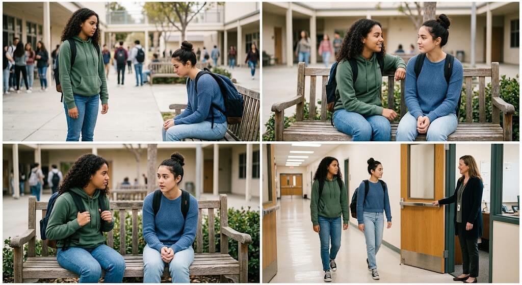 Teenagers supporting each other and seeking help from a school counselor.