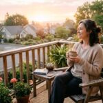 Woman relaxing with coffee on her porch