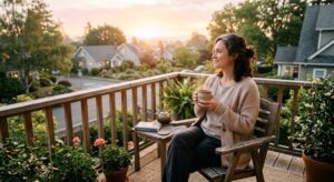 Woman relaxing with coffee on her porch
