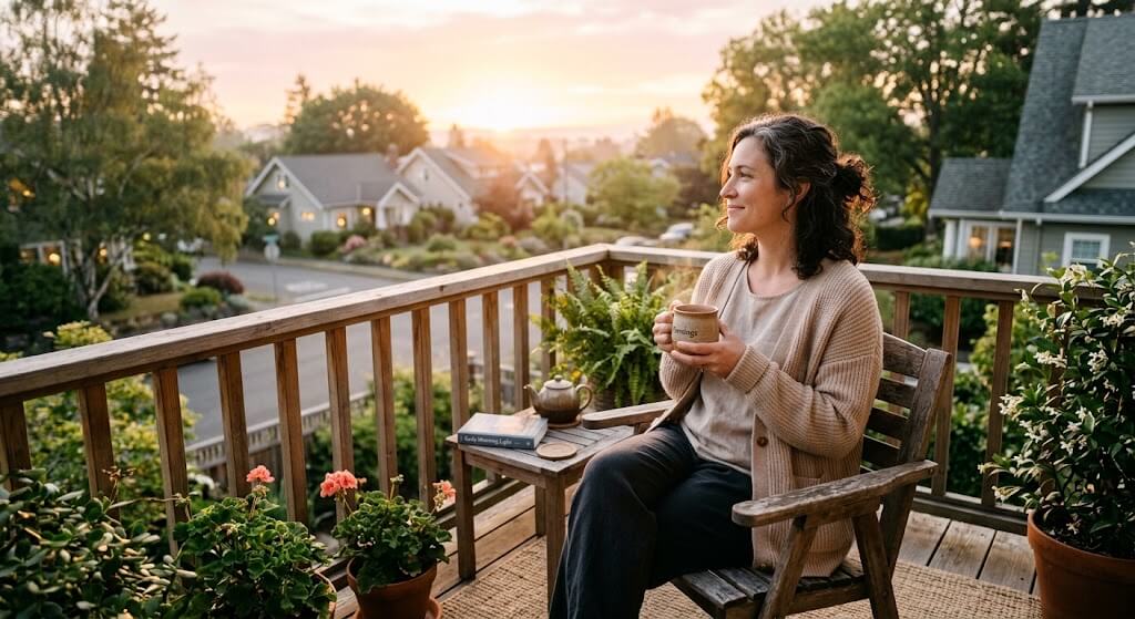 Woman relaxing with coffee on her porch