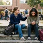 Teen comforting a distressed friend on school steps.