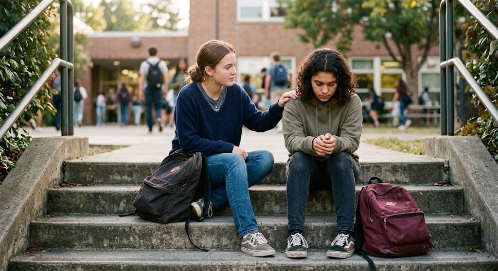 Teen comforting a distressed friend on school steps.