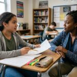 Teacher helping student with schoolwork