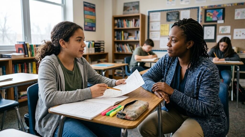 Teacher helping student with schoolwork